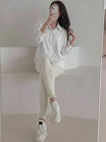 DAZY 女款寬鬆條紋單排扣長袖襯衫，適合辦公與通勤 - 白色 - 查看 5