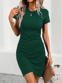 SHEIN LUNE Summer Music Festival Black Short Sleeve Bodycon Dress For Women - Dark Green - View 5