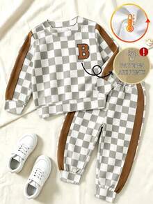 SHEIN 1 Random Set,Boys Checkerboard Print Color Block Sweaters Set Fall Loose Side Splicing Long Sleeve Vintage Casual Sporty Tops Outfits - Multicolor - View 5