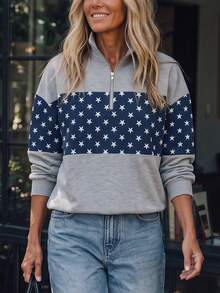 SHEIN LUNE Grey Half-Zip Stand Collar Base Star Print Patchwork Loose Drop Shoulder Long Sleeve Casual Pullover Sweatshirt For Women Everyday Going Out Autumn - Multicolor - View 1
