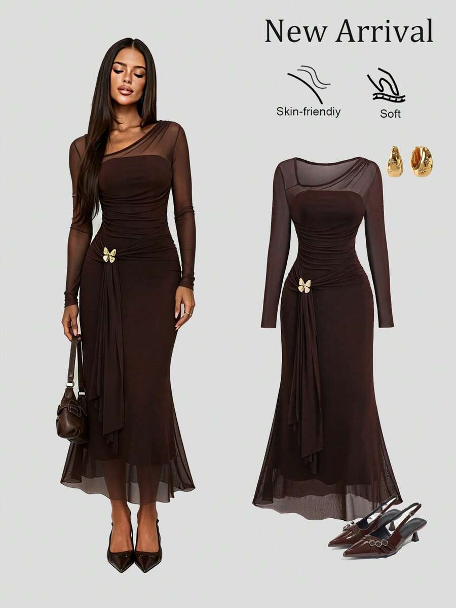 Sweetra Sweet Minimalist Sexy Hot Girl Style Mesh Strapless Bodycon Fishtail Dress Fashion Party Night Out Autumn Elegant Metal Buckle Mature Woman Dark Brown - Brown - View 1