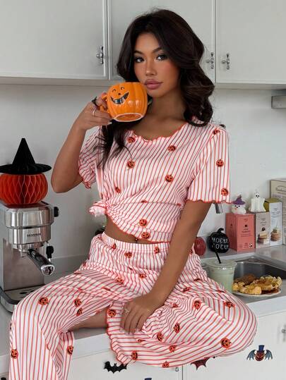 ZzzCrew Women's Cute Halloween Pumpkin Face Print Contrast Color Frill Trim Home Set