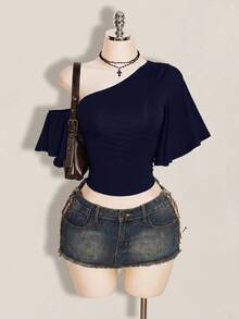 SHEIN ICON 女款素色不對稱領休閒百搭日常上衣 - 藏蓝色 - 查看 7