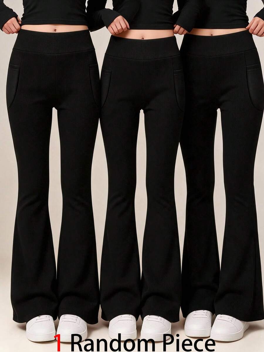 SHEIN Girlism Tween女孩黑色高腰緊身高彈力休閒瑜伽多功能喇叭褲附口袋,運動長褲適合外出,Tween女孩3合1 - 黑色 - 查看 1