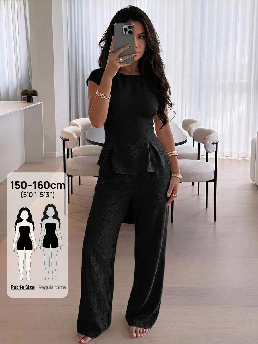SHEIN PETITE 女款純色上衣與長褲休閒日常兩件套 - 黑色 - 查看 1