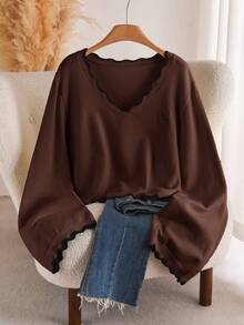 CosyJoli Plus Size Women Solid Color Casual Versatile Daily Wear Long Sleeve Sweater Winter - Coffee Brown - View 1