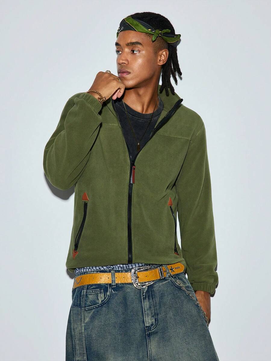 Modcrash Men's Casual Stand Collar Full Zip Minimalist Fleece Long Sleeve Jacket, Fall/Winter Fall/Autumn/Winter - Army Green - View 1