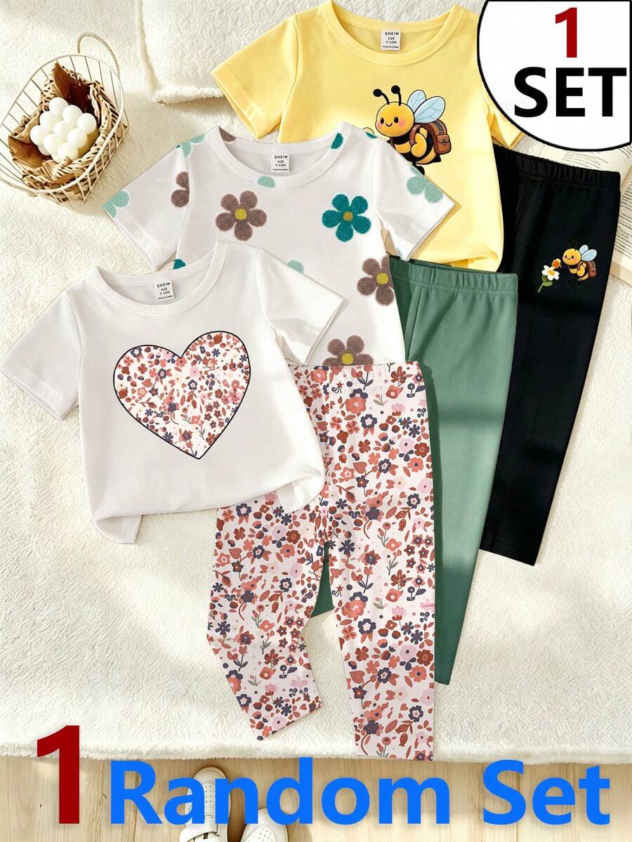 SHEIN 隨機3套買1送1,女嬰休閒甜美愛心碎花T恤配同款印花打底褲套裝 + 蜜蜂印花T恤配同款印花黑色打底褲套裝 + 花朵印花T恤配綠色打底褲套裝,適合外出與四季穿著 - 彩色 - 查看 1