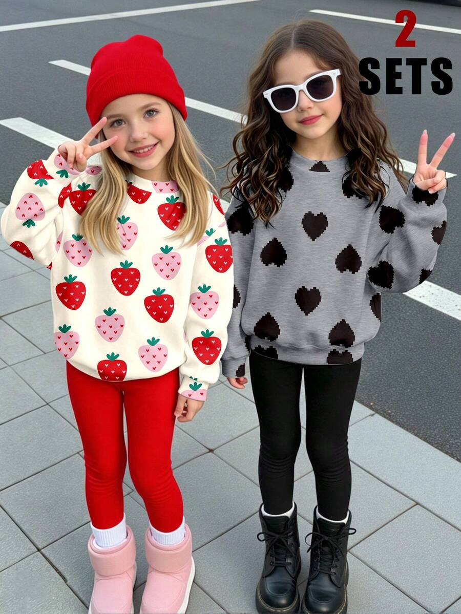 (2 Set) Conjunto de sudadera de cuello redondo y leggings para niñas pequeñas en otoño/invierno, estilo casual fresco y cómodo, con patrón de fresa y corazón en rojo, rosa, gris y negro, rojo y negro - Multicolor - Ver 1