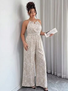 Elenzga Women's Plus Size Spring/Summer Elegant Wrap Tie Striped Colorblock Loose Straight Leg Jumpsuit - Multicolor - View 5