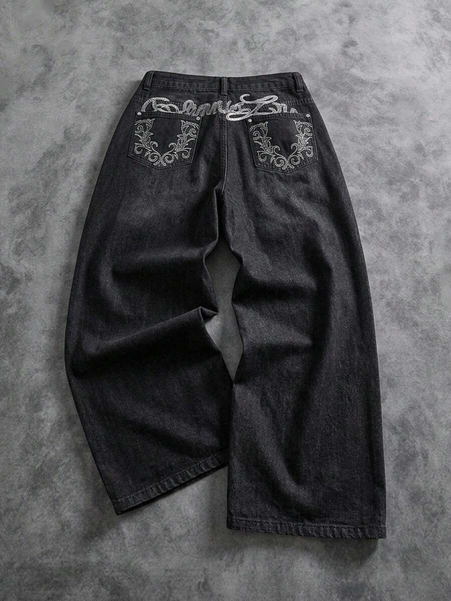 Manfinity ZONE917 男士街头时尚休闲刺绣宽松阔腿牛仔裤 - 黑色 - 查看 1