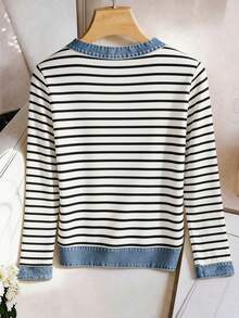 GlowEve Women's 2026 Autumn/Winter Casual Striped Mixed Material Patchwork Long Sleeve T-Shirt - White - View 2