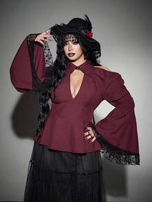 Whyspr Gothic Style Halloween Fashion Flared Sleeve Dark Red Color Block Sexy Fitted Plus Size Women's Blouse - Red Violet - View 5