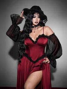 Whyspr Plus-Size Women's Lace Net Deep V-Neck Halloween Goth Dress Fall - Burgundy - View 2
