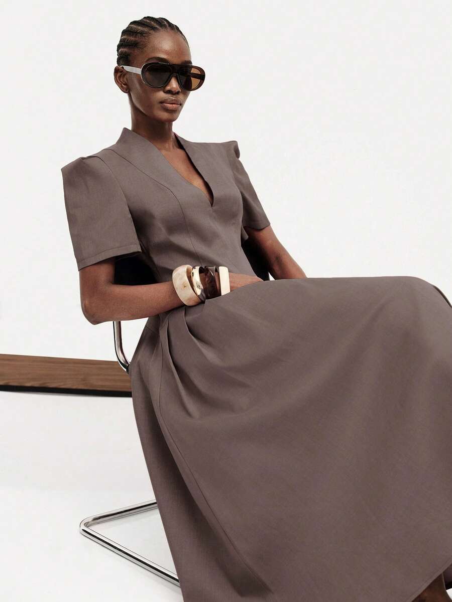 Aveloria Modichic European American Style Spring/Summer Fashion Solid Color V-Neck Cinched Waist Pleated Full Skirt High Long Dress Slim A-Line Macaron Grey Elegant - Coffee - View 1