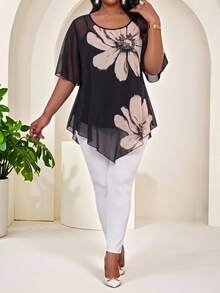 SHEIN Lady CURVE Plus Size Elegant Traditional Commuter Formal Birthday Black Blouse Summer - Multicolor - View 5