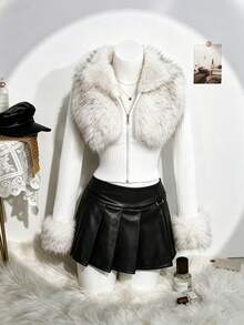 Autumn/Winter Girls' Stylish Fur Patchwork Jacket, Big Tween Girl' Gentle Ribbed Waist-Cinched Short Jacket, Large Raccoon Fur Zipper Top, Tween GirlsSnug Fit Thickened Fleece Cuff Versatile Sweet Winter Top - White - View 4