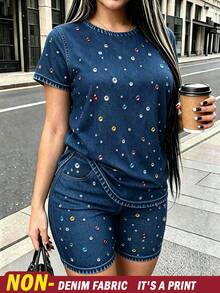 Rovax Plus Size Faux Denim Rhinestone Print T-Shirt And Shorts 2-Piece Set - Multicolor - View 1