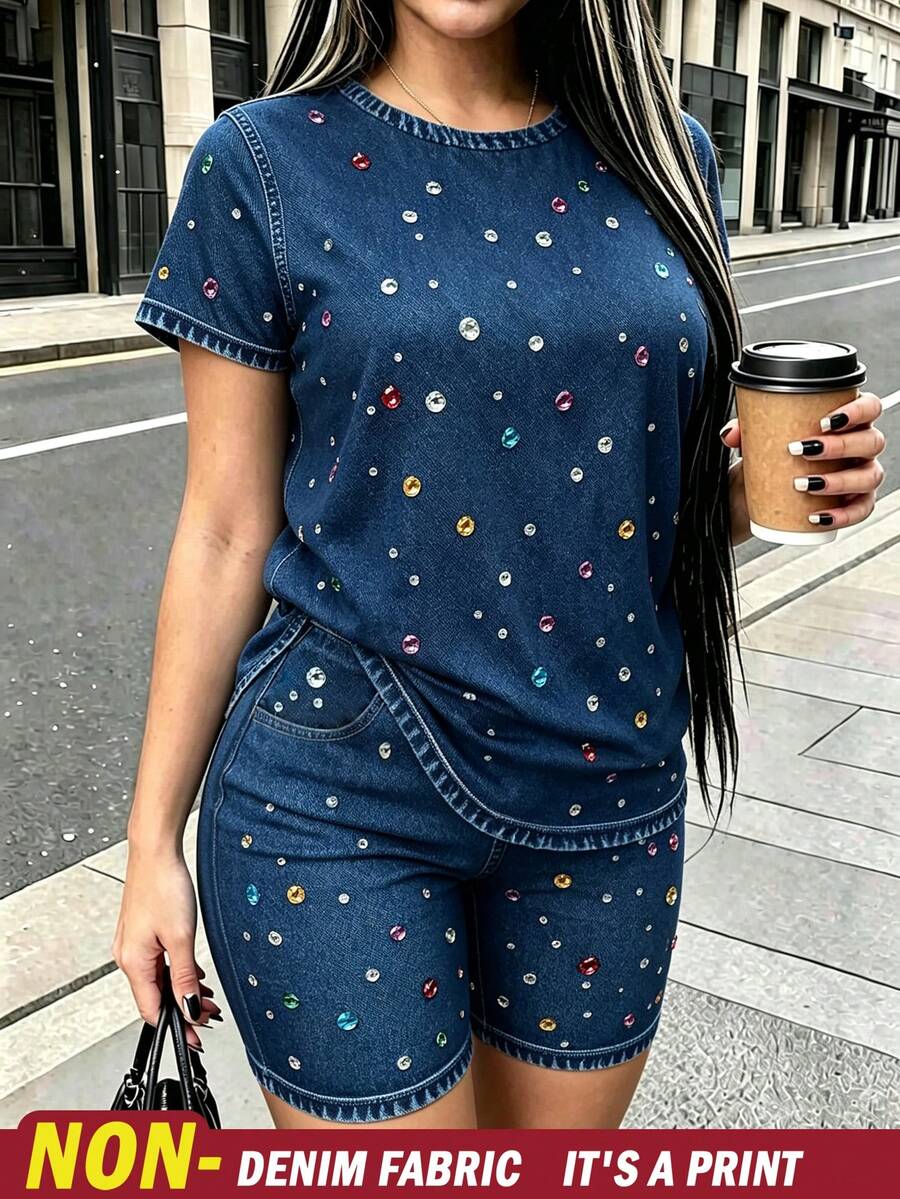 Rovax Plus Size Faux Denim Rhinestone Print T-Shirt And Shorts 2-Piece Set - Multicolor - View 1