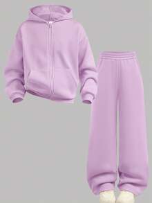 SHEIN 青少年女孩純色拉鍊口袋連帽衛衣與運動長褲套裝 - 紫色 - 查看 11