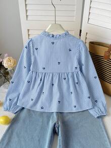 SHEIN Tween女孩休閒日常舒適寬鬆荷葉領襯衫童裝 - 藍色 - 查看 2