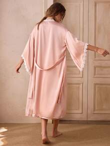 Charlaine 2pcs Women Elegant Satin Camisole Dress & Robe Sleepwear Set - Coral Pink - View 5
