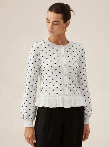 SHEIN Orluneo Cardigan Rajut Ruffle Lengan Panjang Bermotif Polkadot untuk Wanita - MultiWarna - View 1