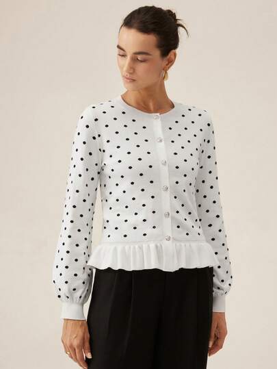 SHEIN PariChic Women's Polka Dot Pattern Long Sleeve Single-Breasted Ruffle Knit Cardigan