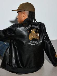 Modcrash New Spring Autumn Embroidery Racing Suits Boyfriend Style Men Leather Jacket Male Outerwear Motorcycle PU Leather Jacket Winter Riding Fall/Autumn/Winter - Black - View 2