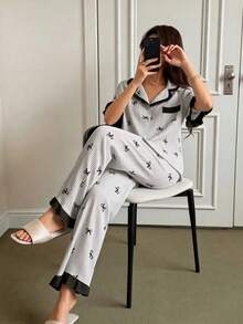 Dream Adore Blue Striped Bow Print Patchwork Contrast Color Lapel Short Sleeve Pants Pajama Set For Women - Grey - View 4