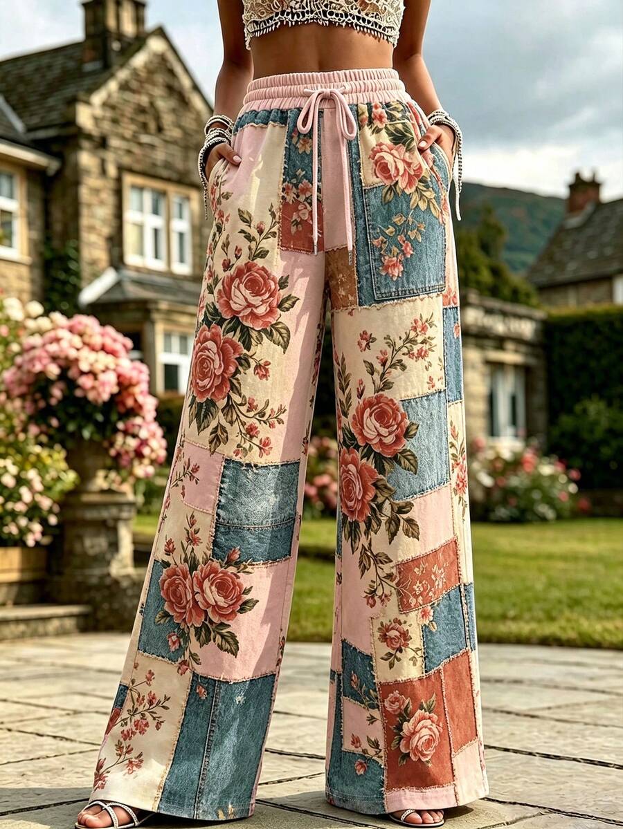 Selamara Vintage Rose Patchwork Print Drawstring WideLeg Casual Pants - Multicolor - View 1