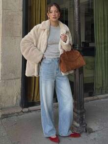 Livesso Women's High Waist Button Light Wash Blue Solid Color Loose Straight Leg Wide Leg Casual Denim Jeans Fall - Light Wash - View 4