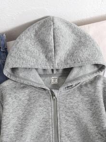 SHEIN 青少年女孩秋冬日常長袖連帽外套，附口袋 - 灰色 - 查看 2