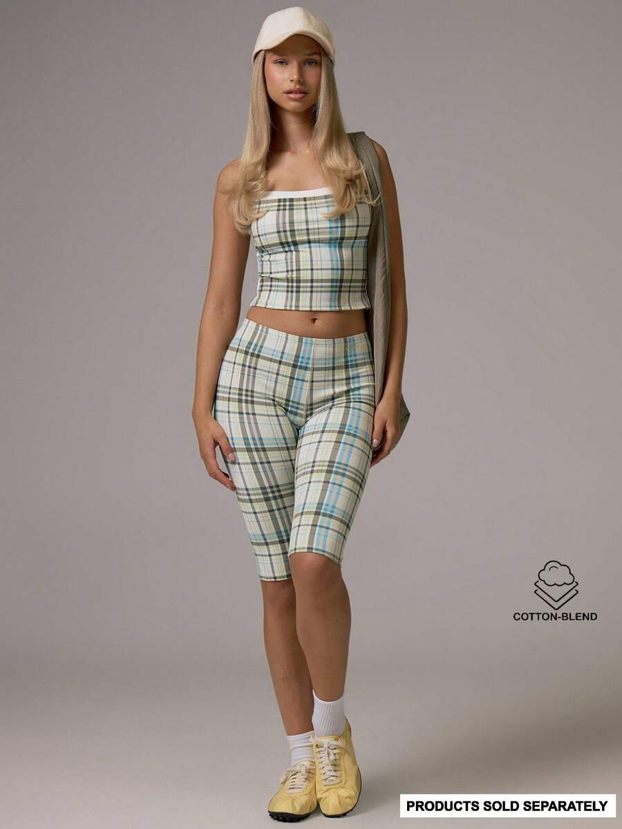 Musera Sport Checkered Soft Touch Straight Neck Strappy Fitted Active Coord Cami Top Gym Pilates Daily Running - Multicolor - View 1