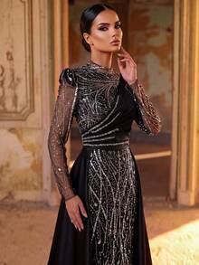 Aureia Elegant Formal Queen Luxurious Beaded Bubble Embroidery Sequin Patchwork Satin Sheer Sleeve Mermaid Skirt Conservative Wedding Party Evening Black - Black - View 3