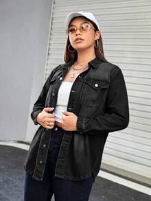 SHEIN EZwear 大尺碼女款單排扣休閒日常牛仔上衣 - 黑色 - 查看 3
