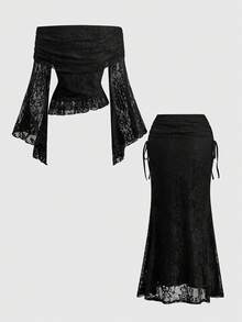 ROMWE Setelan 2 Potong Gaya Gothic Gelap: Atasan Renda Lengan Lonceng Tanpa Bahu & Rok Duyung Ketat - Hitam - View 2