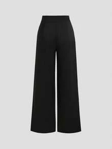 Sweetra New Office Commute Design Asymmetric Shoulder Fitted Top With Metal Buckle Decor And High Waist Wide Leg Pants 2 Pieces Set, Slimming Old Money Style Professional Outfit - Black - View 4