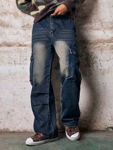 Skyrend 1pc Vintage Patchwork Multi-Pocket Distressed Loose Fit Wide Leg Jeans For Men, Fashion Versatile (Belt And Accessories Not Included) Fall/Autumn/Winter Grunge - Blue - View 1