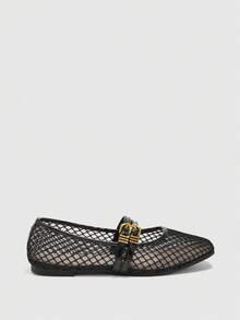 CUCCOO BIZCHIC Women's Black Mesh Mary Jane Flats, Square Toe With Double Adjustable Gold Buckle Straps Fall Shoes - Black - View 3