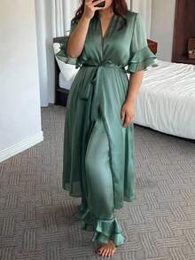 Dazy Plus Solid Color Chiffon Crinkled Long Robe & Pants 2-Piece Set, Green Loungewear Pajama Set For Spring, Summer, Autumn - Dark Green - View 2