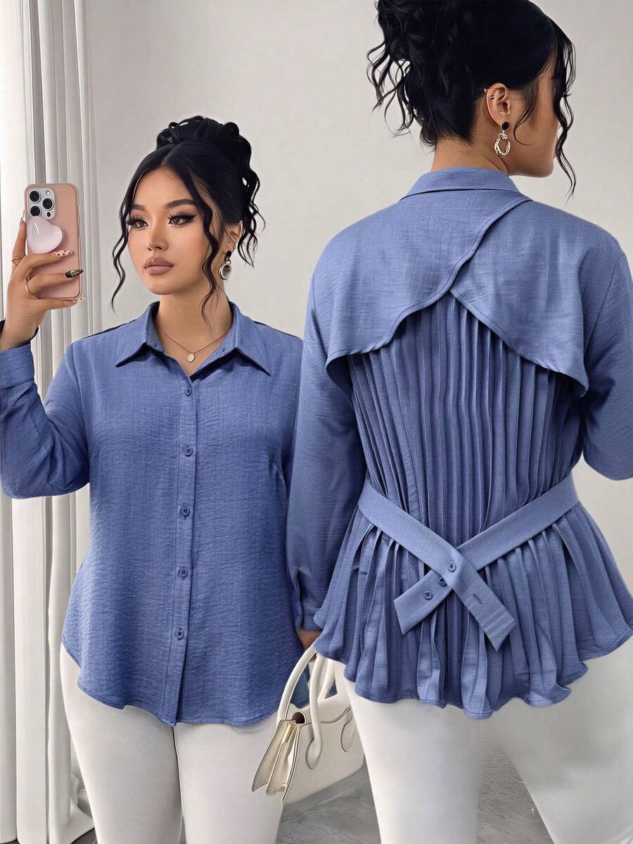 Modelyn Autumn Blue Turn-Down Collar Back Pleated Waist Rope Cinched Design Long Sleeve Elegant Commute Plus Size Women's Blouse - Blue - View 1