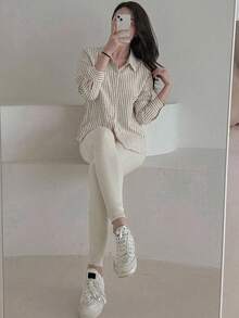 DAZY 女款條紋休閒百搭日常穿著襯衫 - 杏色 - 查看 7