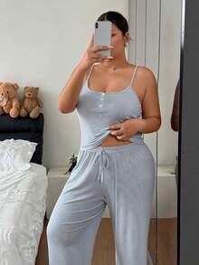 Napfluff CURVE Napfluff CURVE Striped High Elastic Plus Size Women's Pajama Set Casual Loungewear - Baby Blue - View 4