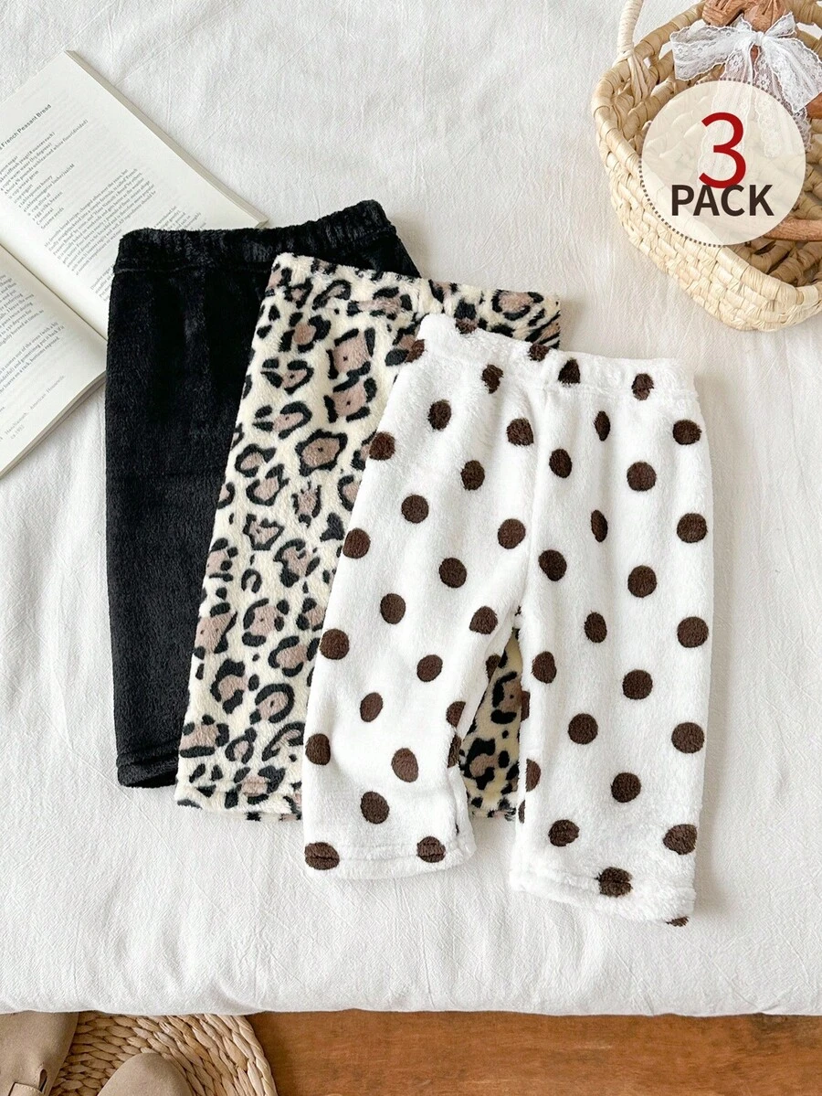 SHEIN Playful Pals 3件組女嬰甜美豹紋與波點休閒保暖內裡長褲 - 彩色 - 查看 1