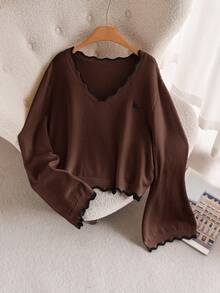 CosyJoli Plus Size Women Solid Color Casual Versatile Daily Wear Long Sleeve Sweater Winter - Coffee Brown - View 3
