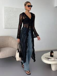 Lavishia Women's Elegant Sexy Long Lace Ruffle Top,Fall/All-Season Rave Renaissance Fair Hippie Music Festival Gyaru Party Lace Straps Ruffle Ribbon Long Coat - Black - View 7