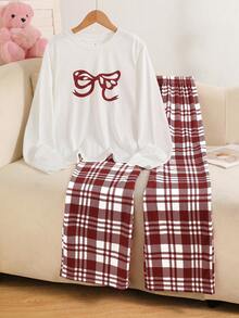 SHEIN Teen Girl Bow Print Top & Plaid Pants Loungewear - Red and White - View 1