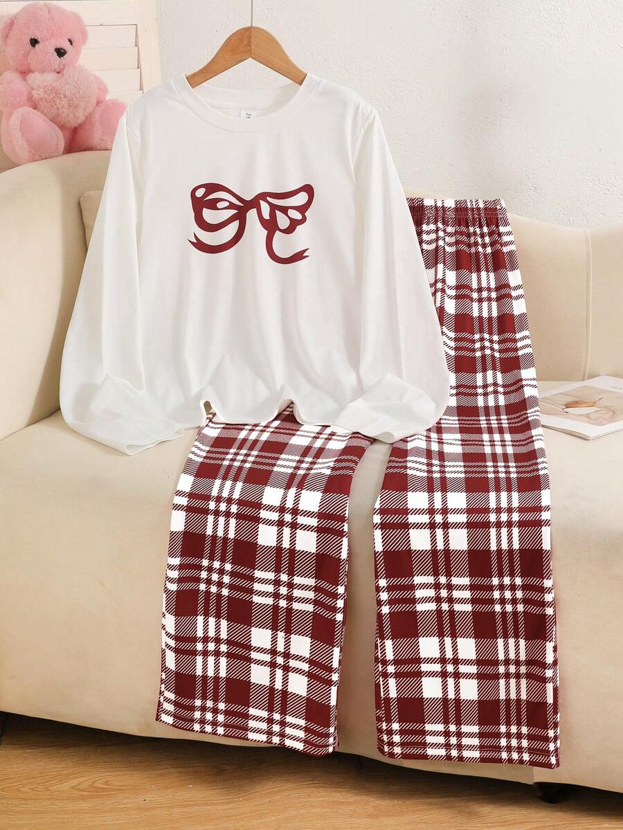 SHEIN Teen Girl Bow Print Top & Plaid Pants Loungewear - Red and White - View 1