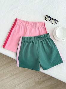 SHEIN 2pcs Tween Girls' Colorful Contrast Waistband Shorts, Summer - Multicolor - View 2